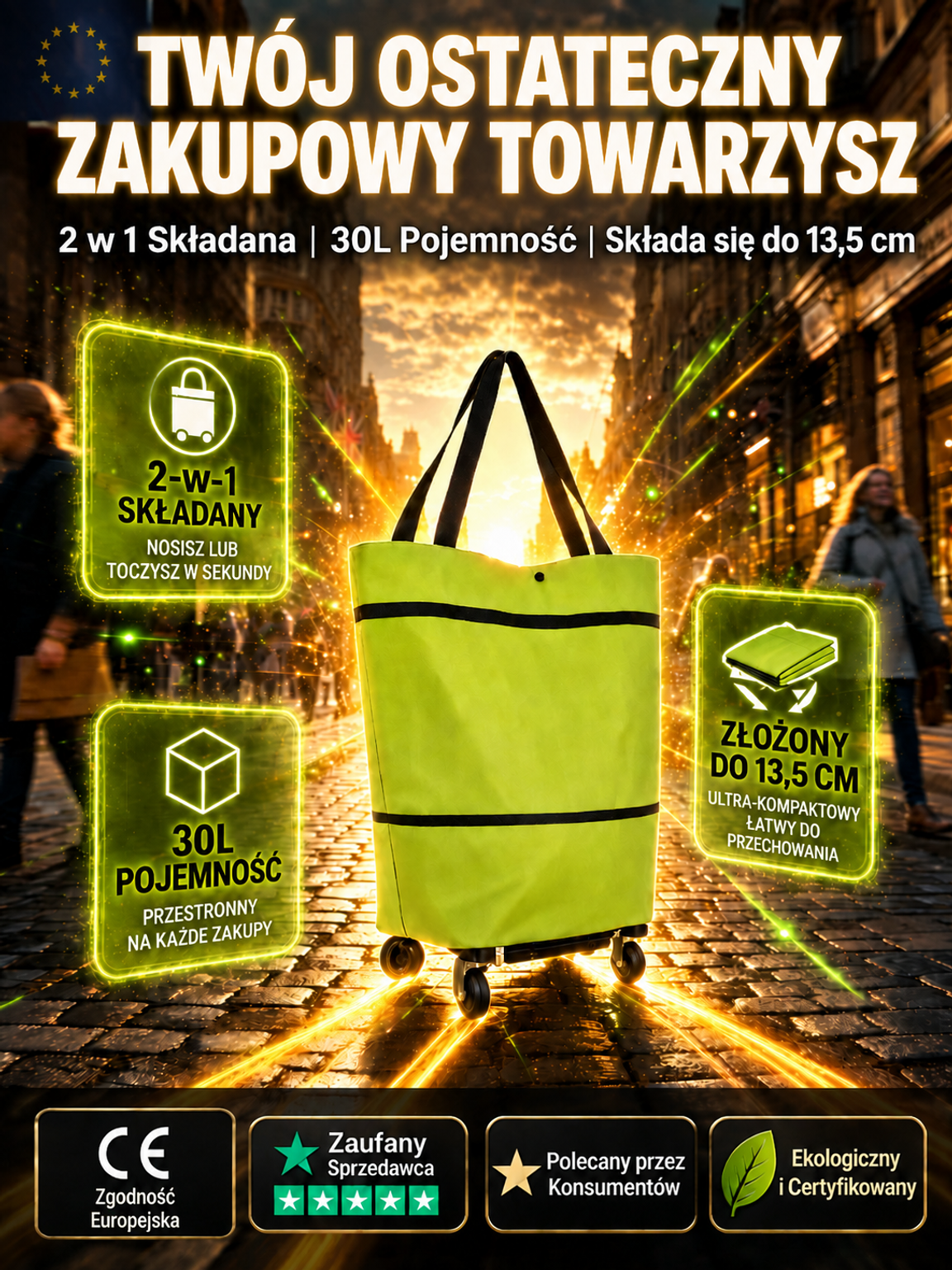 Składana Torba na Zakupy 2w1 z Kółkami | Ultralekka 0.8kg | Pojemność 30L