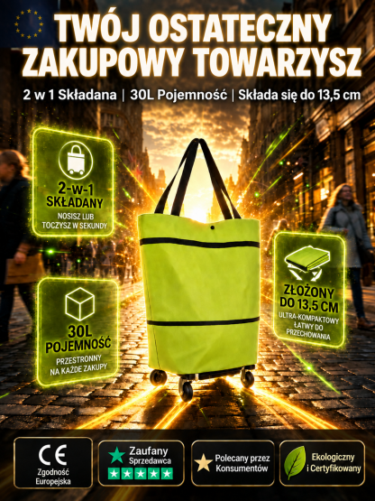 Składana Torba na Zakupy 2w1 z Kółkami | Ultralekka 0.8kg | Pojemność 30L