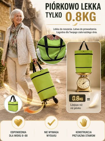 Składana Torba na Zakupy 2w1 z Kółkami | Ultralekka 0.8kg | Pojemność 30L