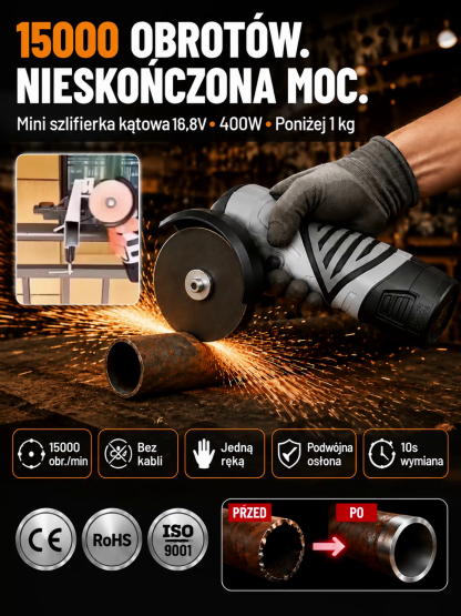 🇩🇪 Bezszczotkowa Mini Szlifierka Kątowa Aku 16.8V | Niemiecka Precyzja | 2 Baterie