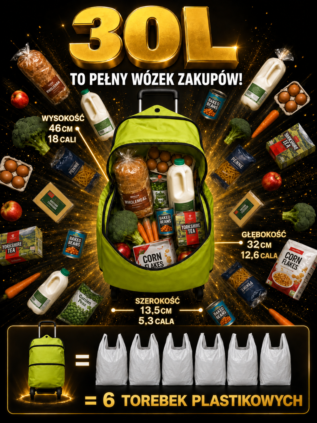 Składana Torba na Zakupy 2w1 z Kółkami | Ultralekka 0.8kg | Pojemność 30L