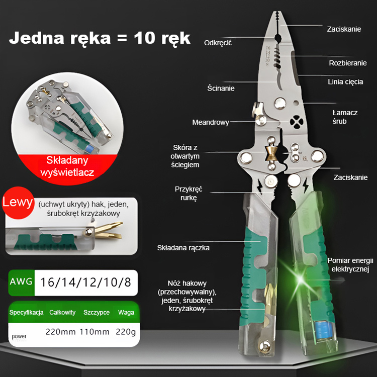 【14w1 Niemiecka Jakość】Wielofunkcyjne Szczypce Składane ze Śrubokrętem i Próbnikiem LED 12-220V