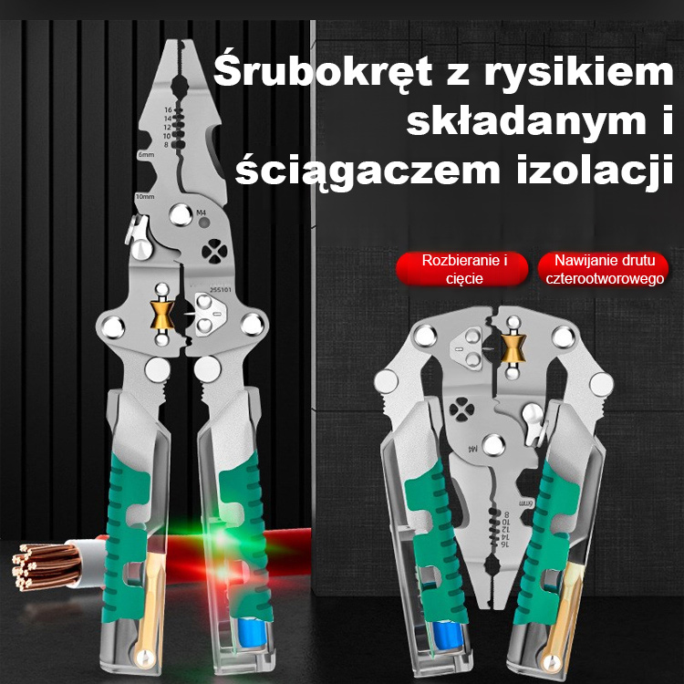 【14w1 Niemiecka Jakość】Wielofunkcyjne Szczypce Składane ze Śrubokrętem i Próbnikiem LED 12-220V