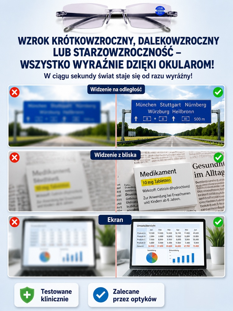 Nie wymaga badania wzroku • Dożywotnie użytkowanie • Zakres autofokusa od -10,00D ​​do +10,00D ​​— Okulary sportowe multifokusowe