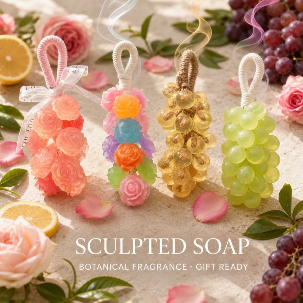 Collection of sculpted hanging soaps surrounded by fragrant botanical ingredients