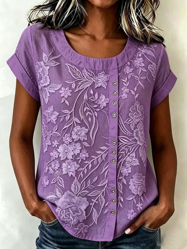 Printed Linen-Blend Crew Neck Loose Casual Top