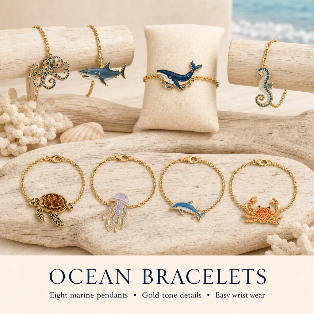 Ocean-inspired bracelet collection board showing eight gold-tone marine pendant bracelets hanging and laid flat