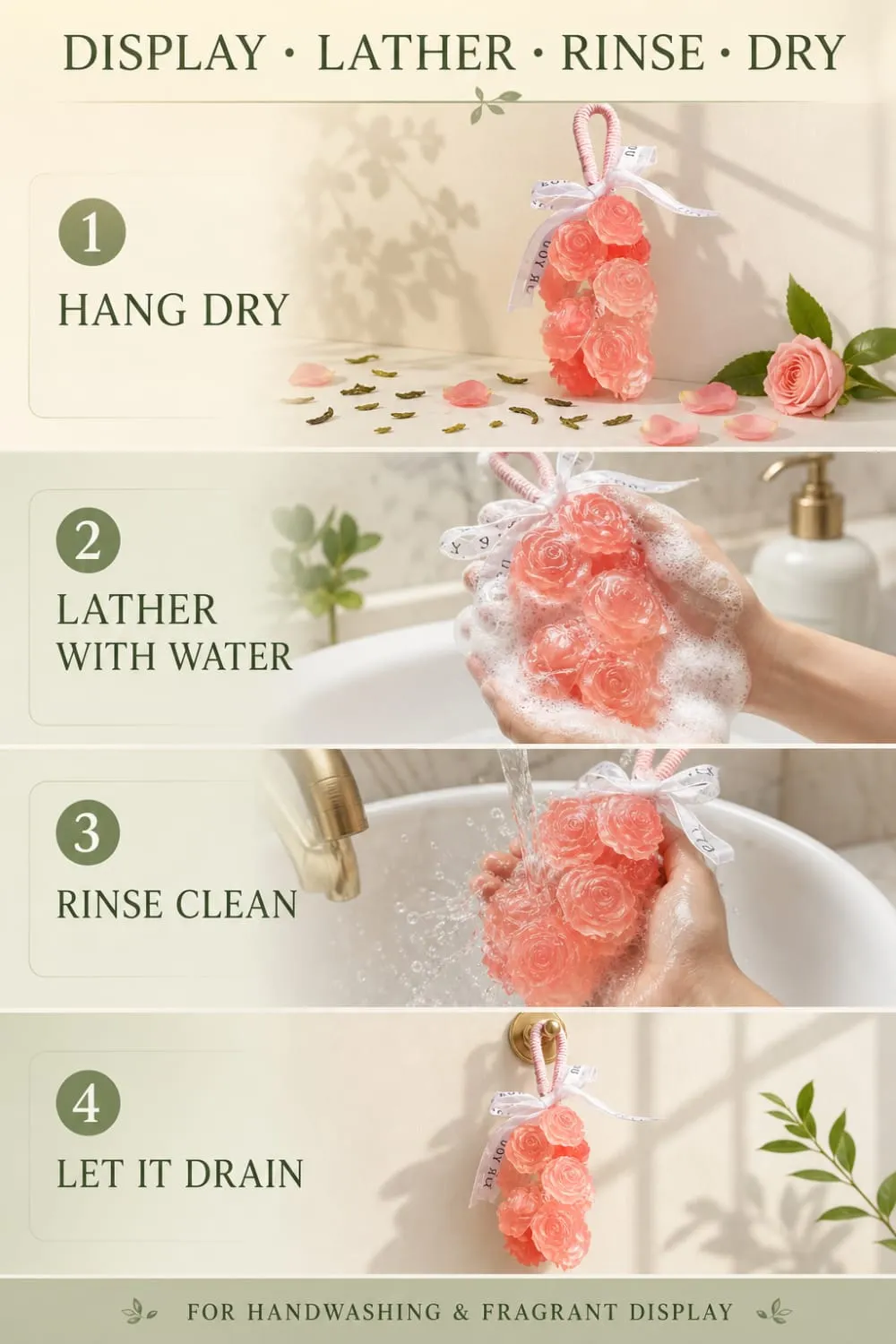 Vertical care guide showing how to display, lather, rinse and dry hanging soap