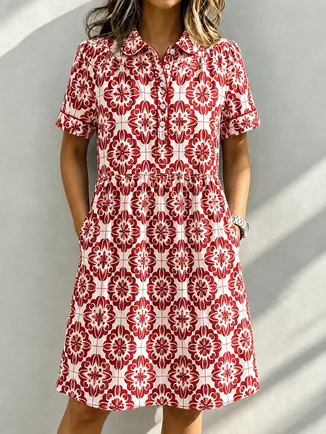 Casual Cotton Linen Santorini Print Shirt Dress with Pockets