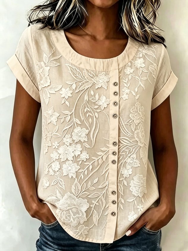 Printed Linen-Blend Crew Neck Loose Casual Top
