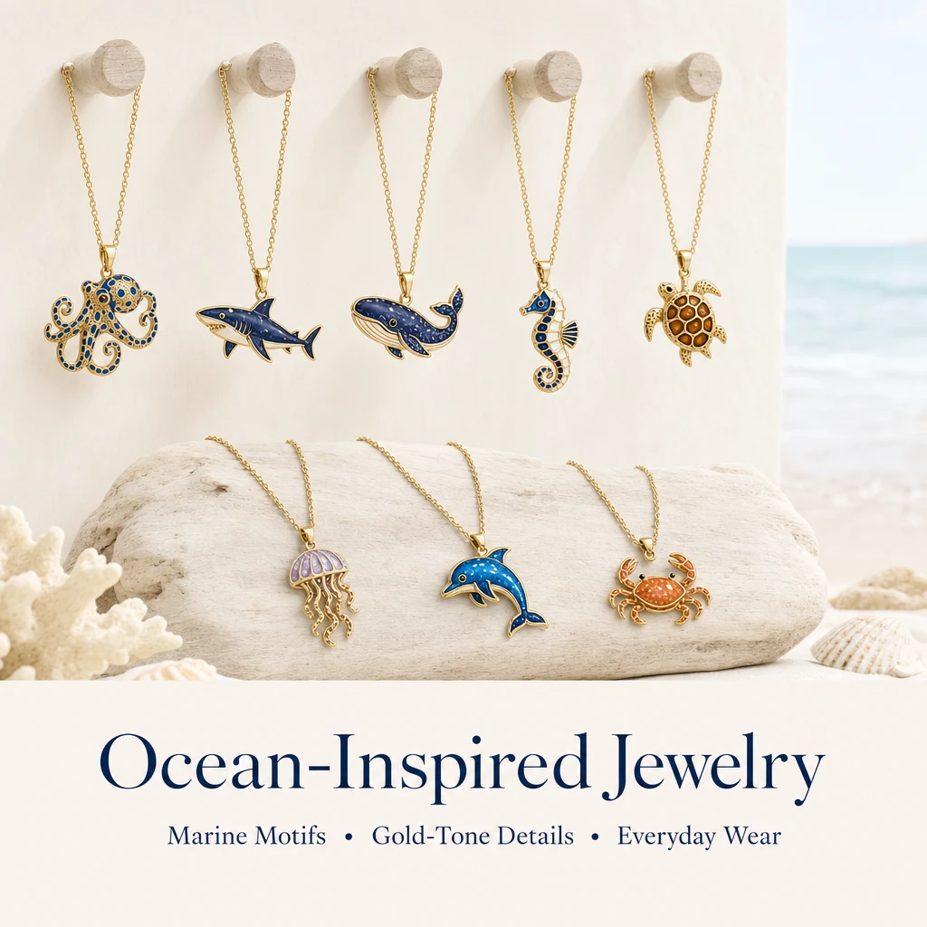 Ocean-Inspired Jewelry collection board showing eight gold-tone marine pendant necklaces hanging and laid flat, with the title Ocean-Inspired Jewelry