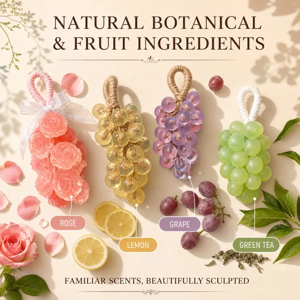 Hanging soaps paired with rose, lemon, grape and green tea ingredients