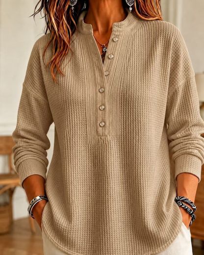 Women's Loose Fit Waffle Knit V-Neck Henley Shirt - Ultra Soft & Curve Friendly