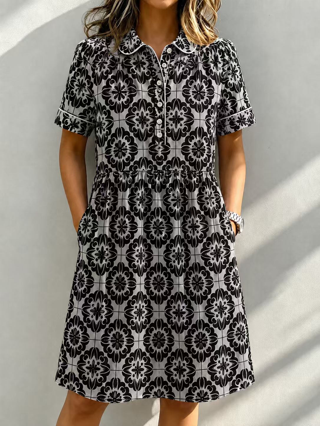 Casual Cotton Linen Santorini Print Shirt Dress with Pockets