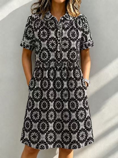 Casual Cotton Linen Santorini Print Shirt Dress with Pockets