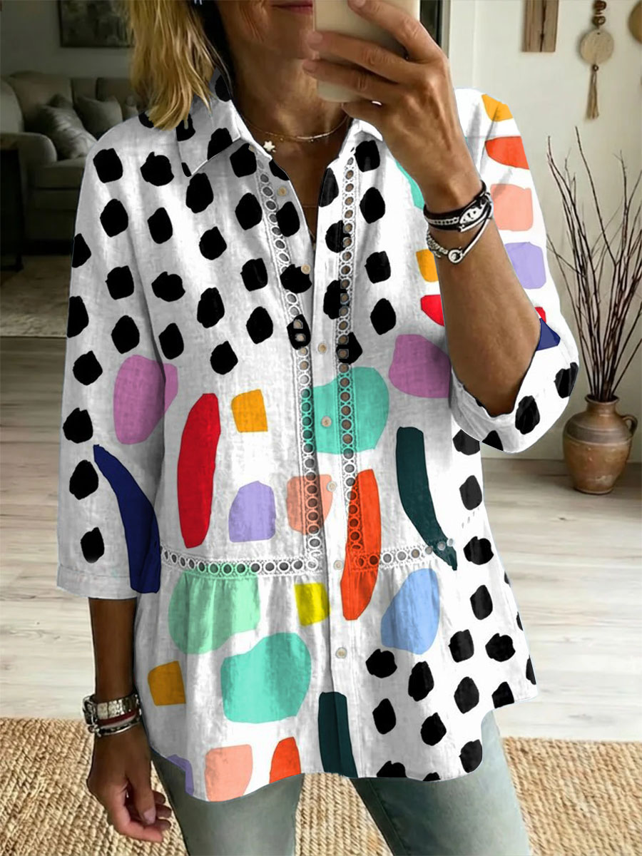 Women's Retro Art Print Casual Lapel Cotton Shirt