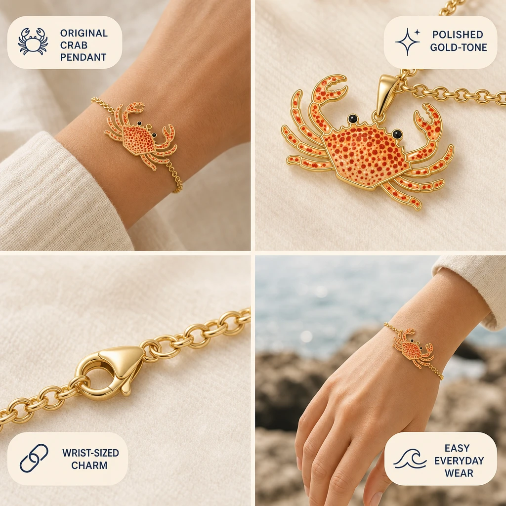 Four-panel bracelet detail collage showing the coral crab pendant, gold-tone chain and clasp, enamel texture, and wrist styling
