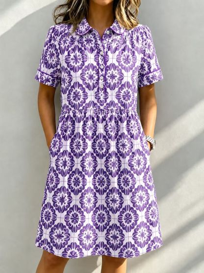 Casual Cotton Linen Santorini Print Shirt Dress with Pockets