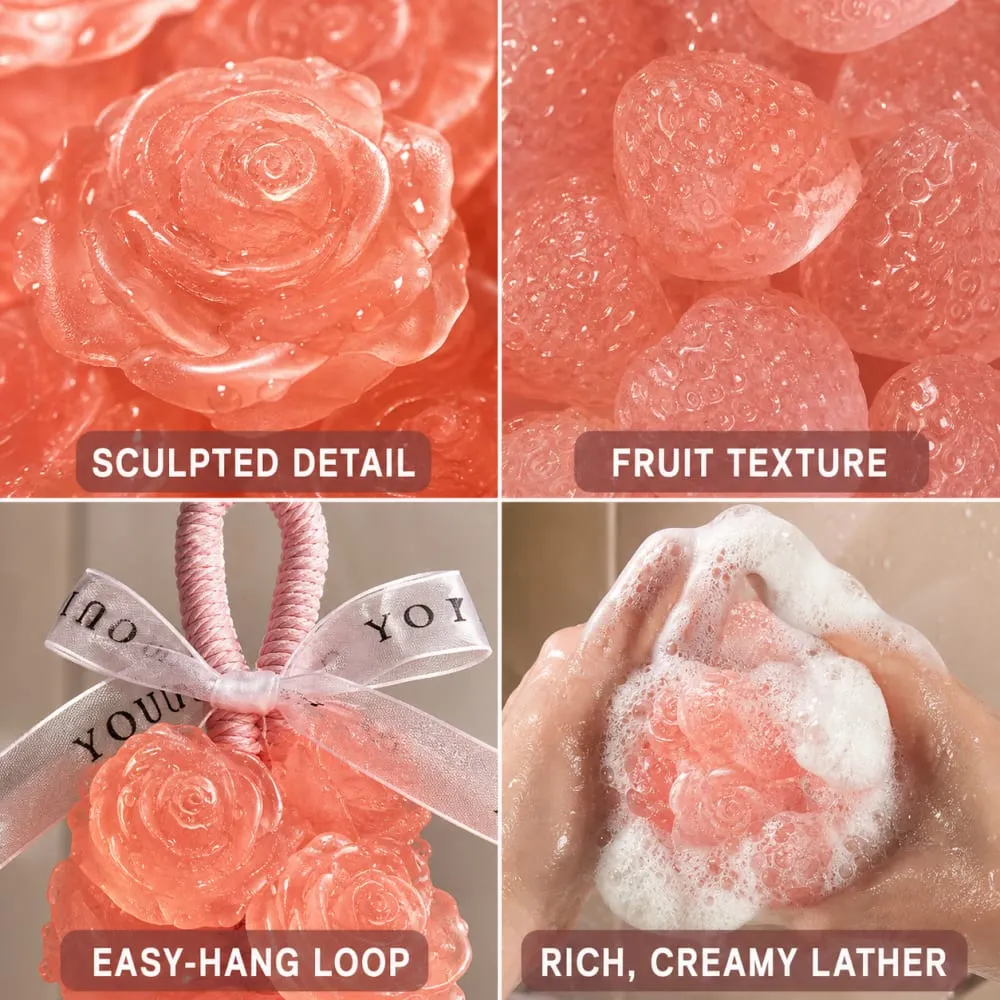 Close-up collage of sculpted soap details, hanging loop and rich creamy lather