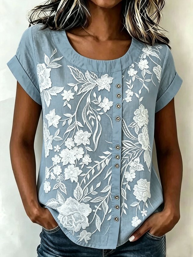 Printed Linen-Blend Crew Neck Loose Casual Top