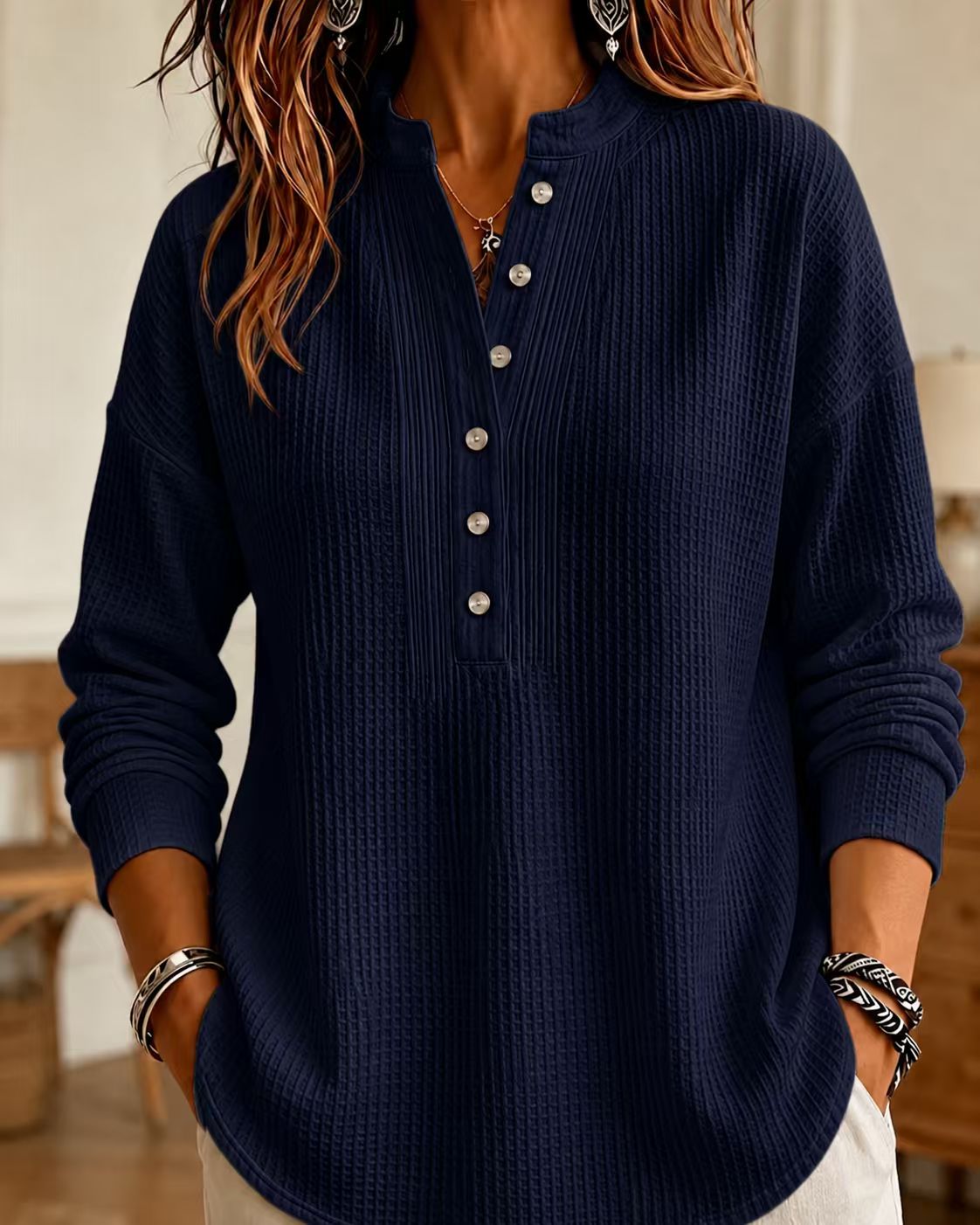 Women's Loose Fit Waffle Knit V-Neck Henley Shirt - Ultra Soft & Curve Friendly