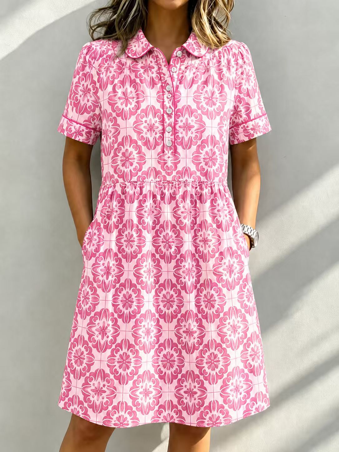 Casual Cotton Linen Santorini Print Shirt Dress with Pockets