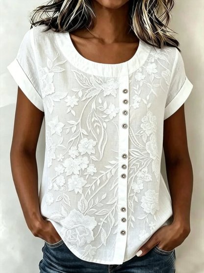 Printed Linen-Blend Crew Neck Loose Casual Top