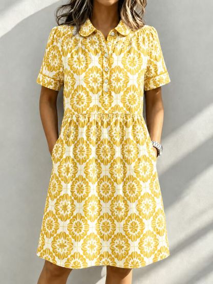 Casual Cotton Linen Santorini Print Shirt Dress with Pockets