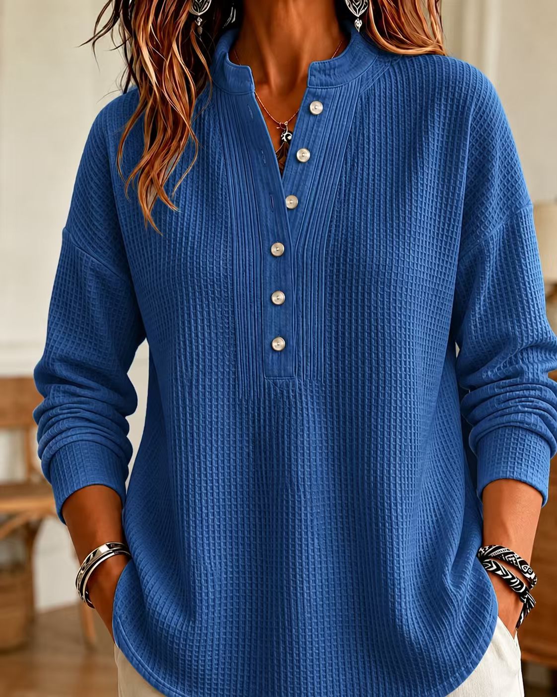 Women's Loose Fit Waffle Knit V-Neck Henley Shirt - Ultra Soft & Curve Friendly