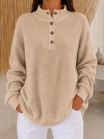 Cozy Luxe Waffle Knit Button-Down Pullover - Loose Fit Casual Long Sleeve Tops