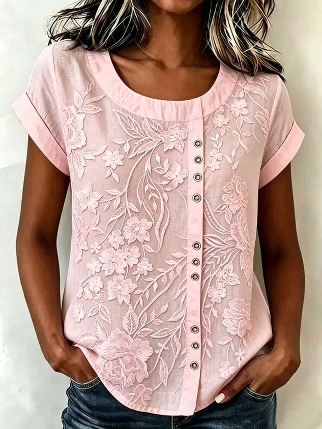 Printed Linen-Blend Crew Neck Loose Casual Top