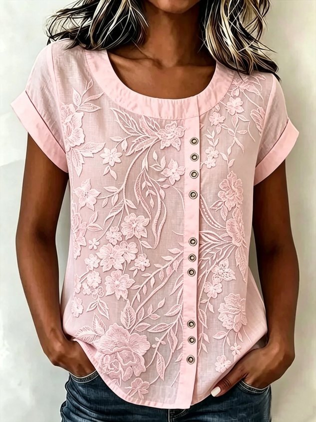 Printed Linen-Blend Crew Neck Loose Casual Top