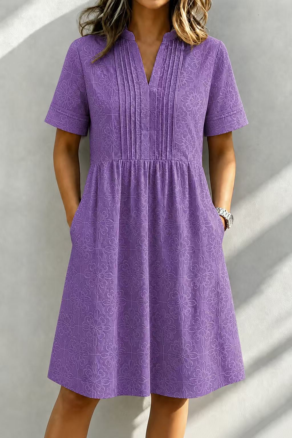 Casual V-Neck Embroidered Short Sleeve A-Line Dress with Pockets