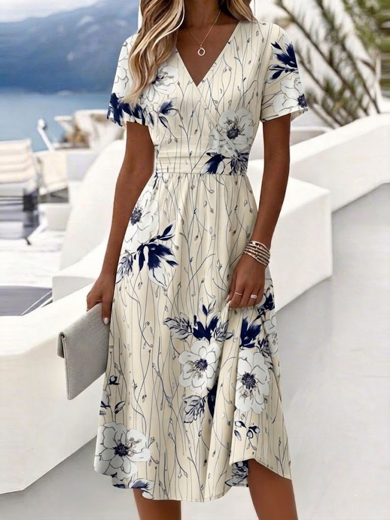 Casual Floral Regular Fit V Neck Dress With No