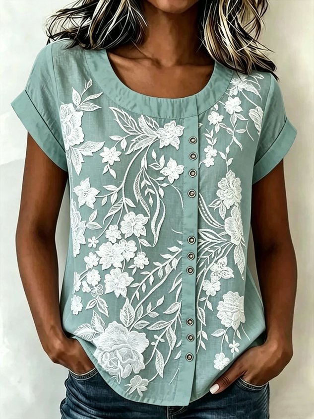 Printed Linen-Blend Crew Neck Loose Casual Top