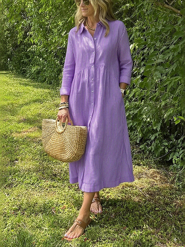 NEW🔥 Long Sleeve Striped Lapel Button Down Dress