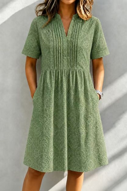 Casual V-Neck Embroidered Short Sleeve A-Line Dress with Pockets