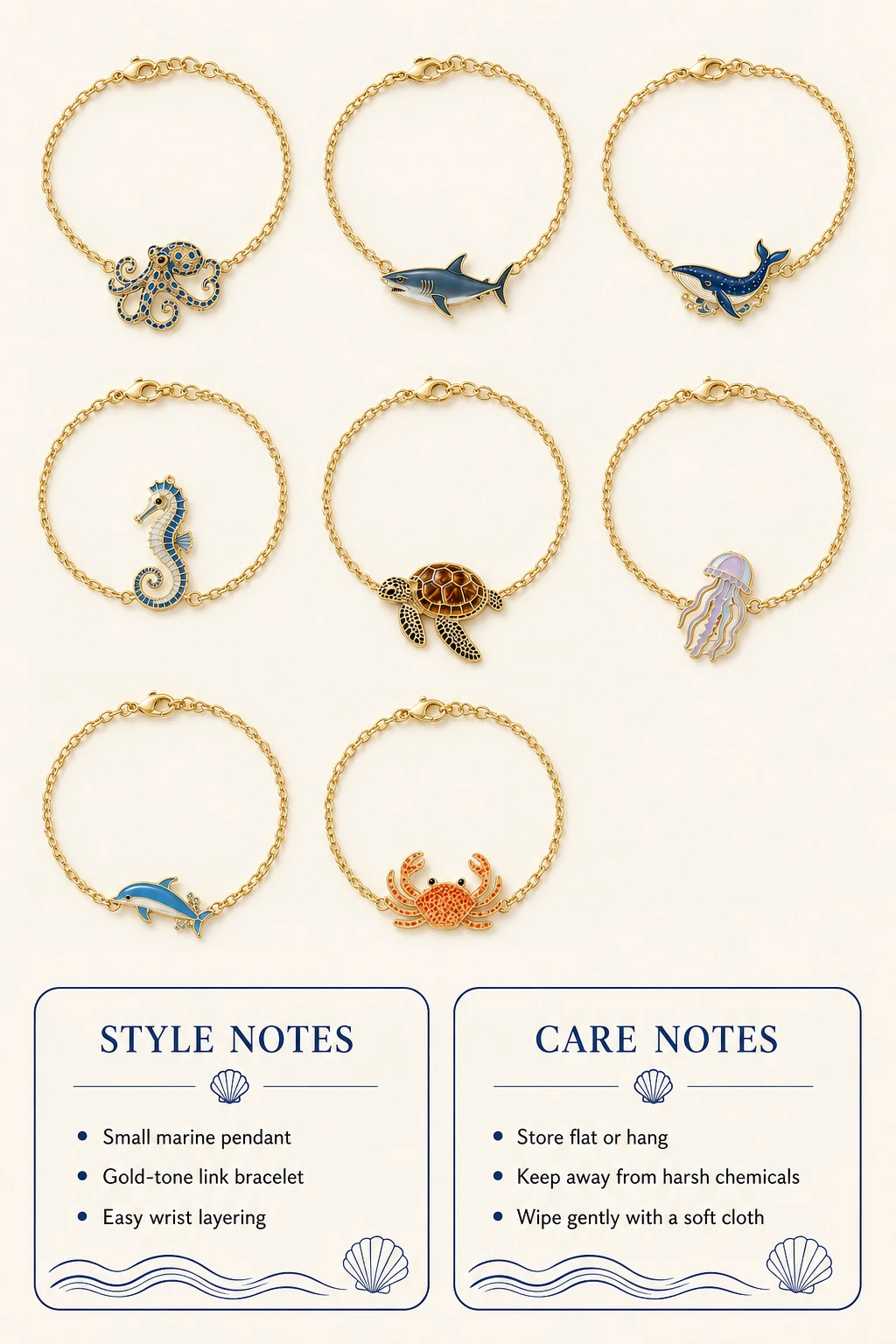 Ocean pendant bracelet collection flat-lay information board with eight bracelets, style notes, and care notes panels