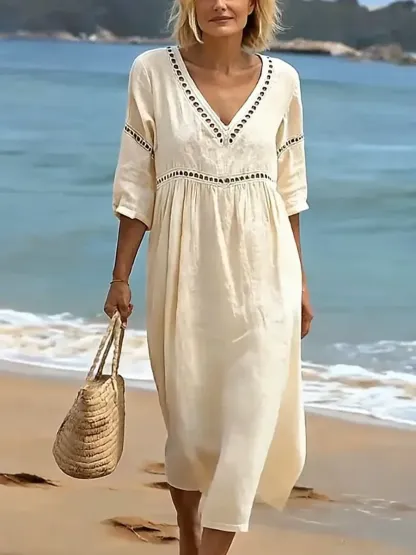 Women's Solid Color Retro Casual Stylish Vacation Cotton Dress