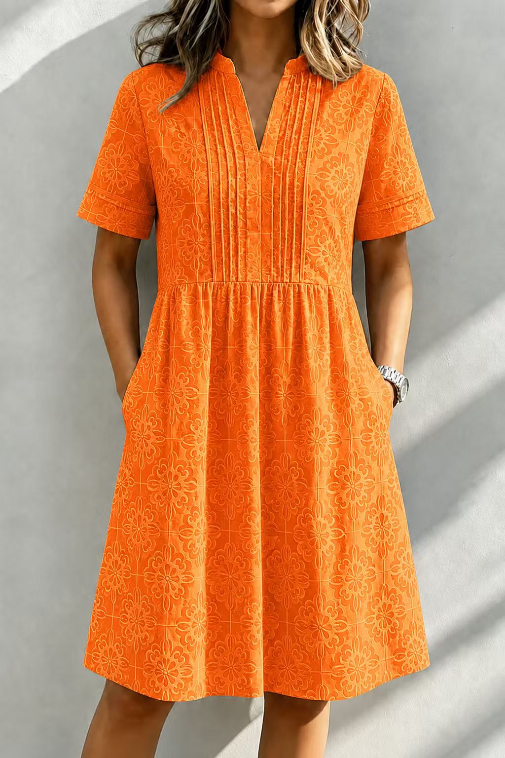 Casual V-Neck Embroidered Short Sleeve A-Line Dress with Pockets
