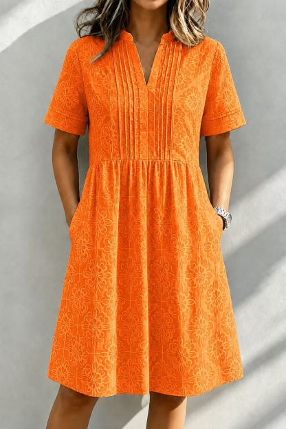 Casual V-Neck Embroidered Short Sleeve A-Line Dress with Pockets