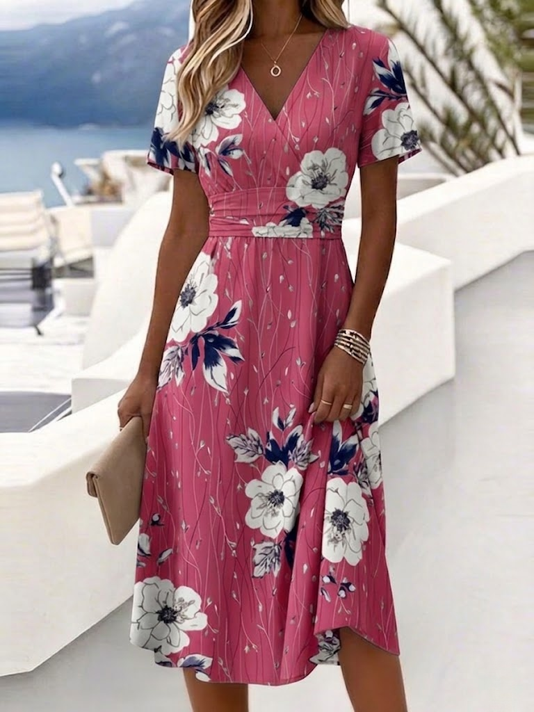 Casual Floral Regular Fit V Neck Dress With No