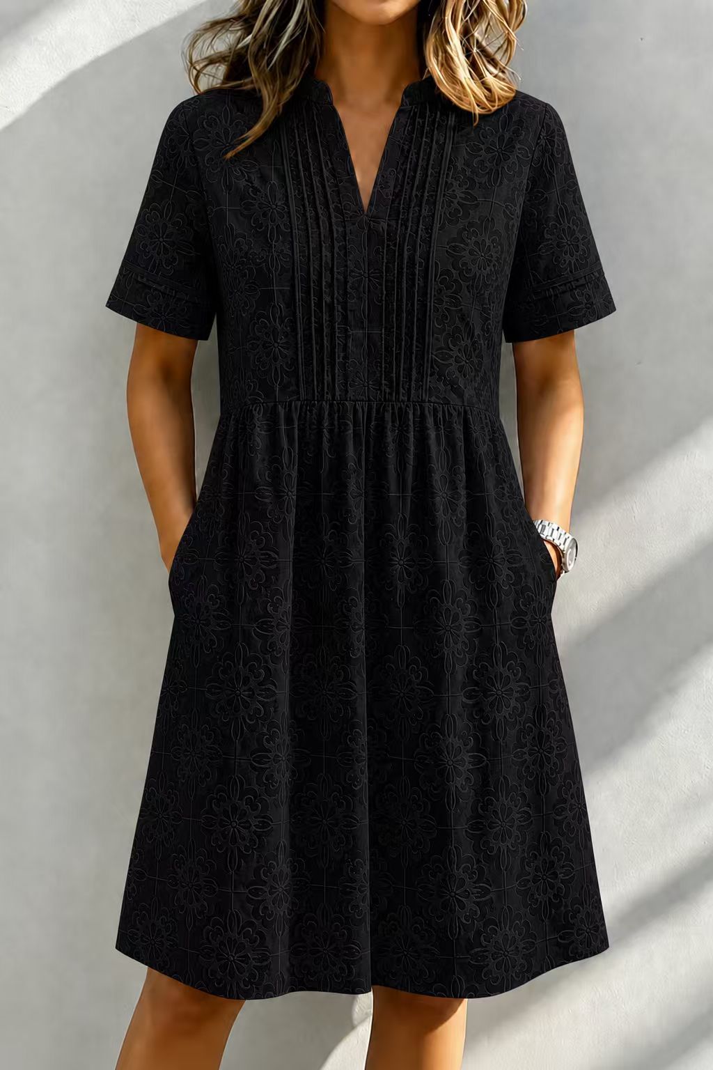 Casual V-Neck Embroidered Short Sleeve A-Line Dress with Pockets