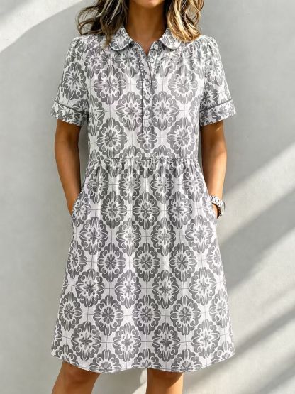 Casual Cotton Linen Santorini Print Shirt Dress with Pockets
