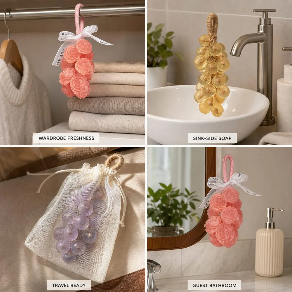 Hanging scented soap used in wardrobe, sink, travel and guest bathroom scenes