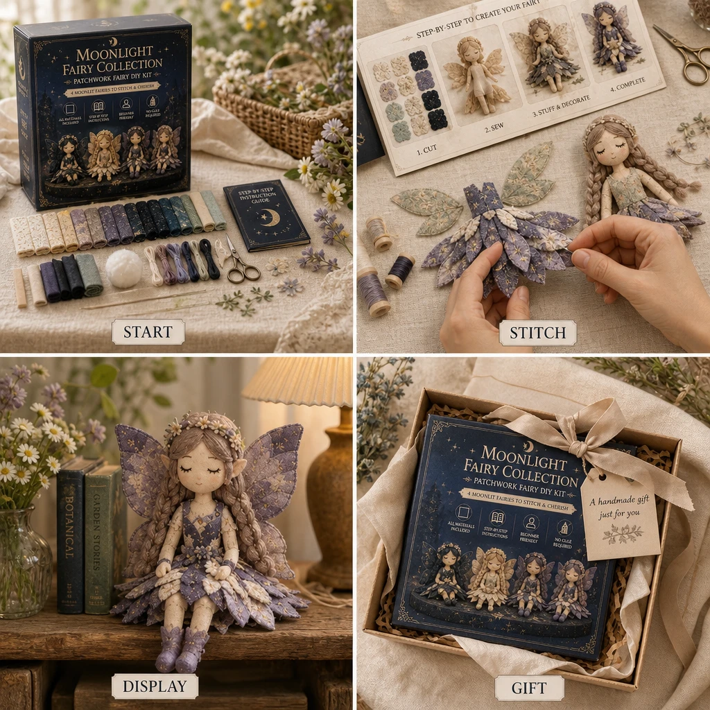 Lifestyle grid showing a patchwork fairy kit ready to start, fabric pieces being stitched, a finished fairy displayed and a gift presentation