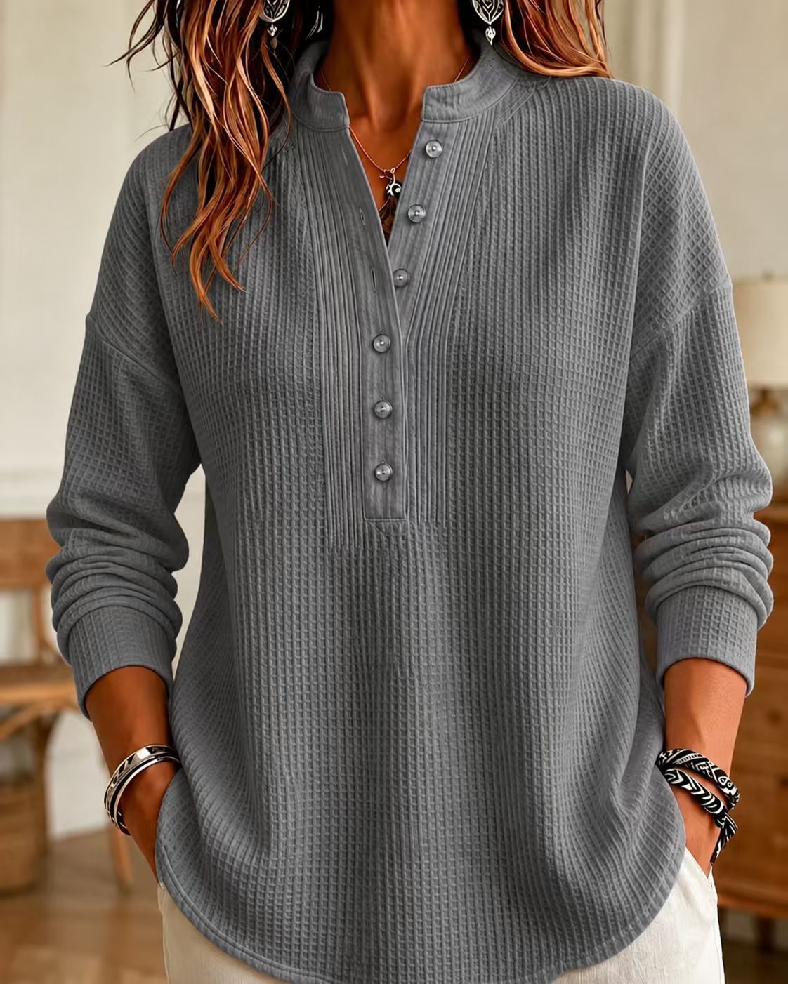 Women's Loose Fit Waffle Knit V-Neck Henley Shirt - Ultra Soft & Curve Friendly