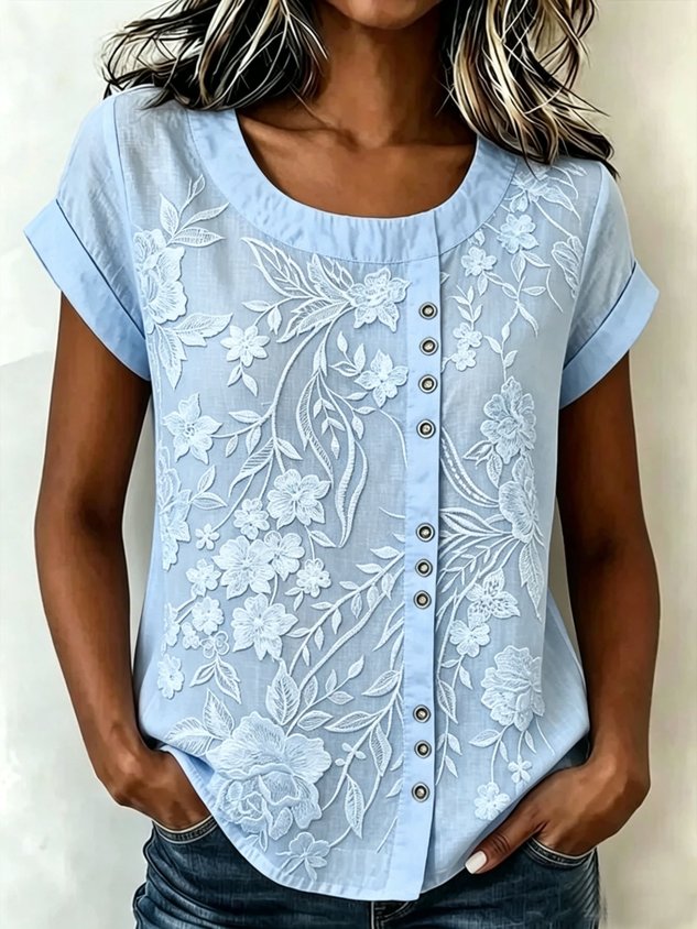 Printed Linen-Blend Crew Neck Loose Casual Top