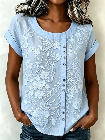 Printed Linen-Blend Crew Neck Loose Casual Top