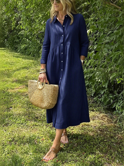 NEW🔥 Long Sleeve Striped Lapel Button Down Dress